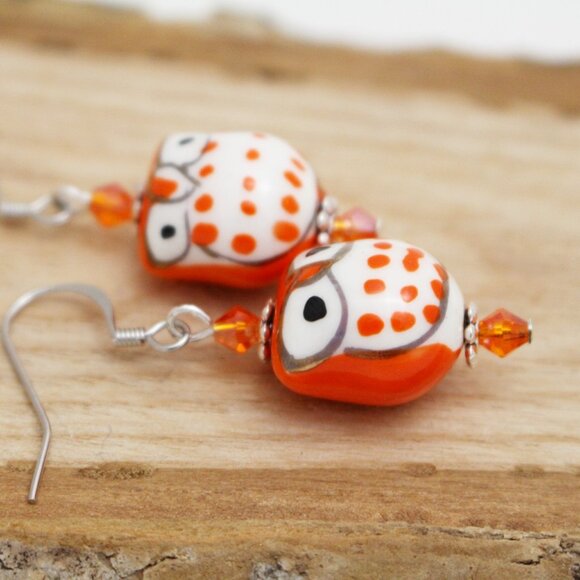 Orange Hand Painted Beaded Owl Earrings - Handmade & Hypoallergenic - Picture 4 of 7